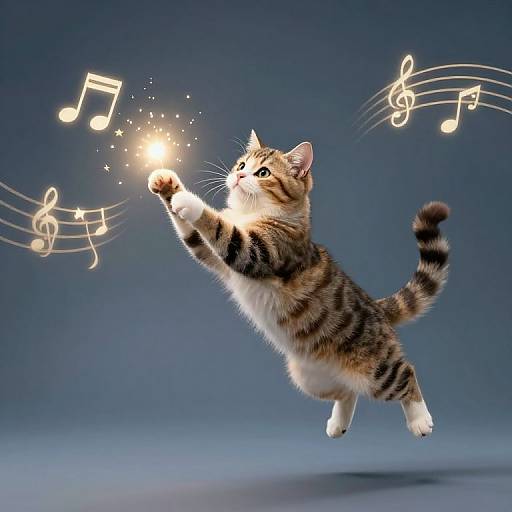 Photograph of a jumping tabby kitten with white paws and chest, reaching for glowing musical notes against a blue gradient background.