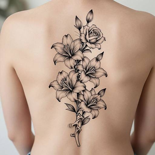 Black ink tattoo of detailed lilies on a bare, light-skinned back, featuring realistic petals and stems, centered vertically.