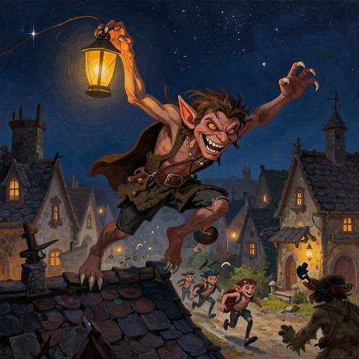 Digital cartoon of a mischievous, glowing-eyed goblin with sharp teeth leaping from a roof, holding a lantern, in a whimsical,