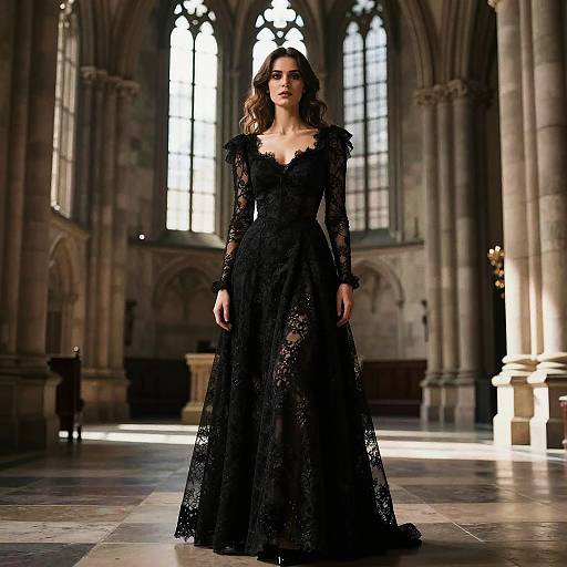 Photograph of a woman in a black lace gown standing in a Gothic cathedral, sunlight streaming through tall, arched windows.