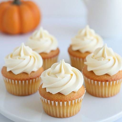Photograph of four vanilla cupcakes with swirled white frosting, on a white plate, with a small orange pumpkin in the background.