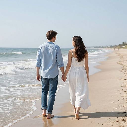 Photograph of a couple holding hands, walking barefoot along a sunny, sandy beach with gentle waves, wearing casual and white summer attire.
