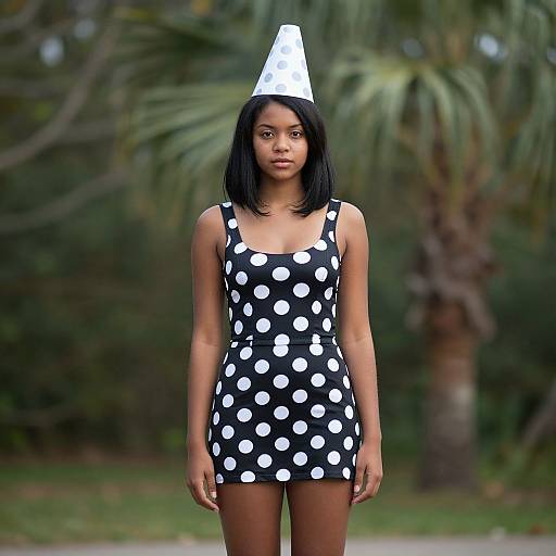 Photograph of a young Black woman with straight black hair, wearing a black polka dot dress and white party hat, standing in a green, tropical