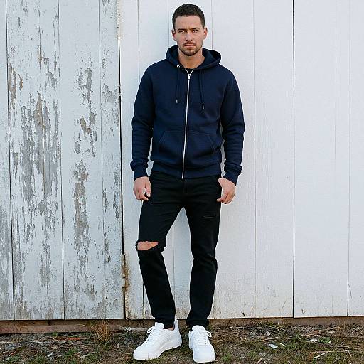 Photograph of a serious, bearded man in a black hoodie and ripped black jeans, standing against a weathered white wooden wall, wearing white sneakers