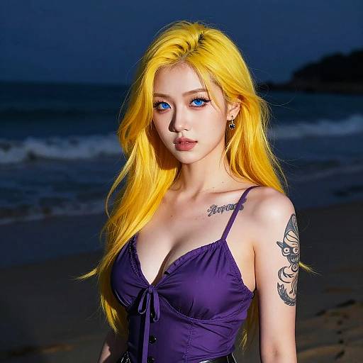 Digital artwork of a blonde woman with blue eyes, wearing a purple, low-cut top, featuring a tattoo on her arm, standing on a dark beach