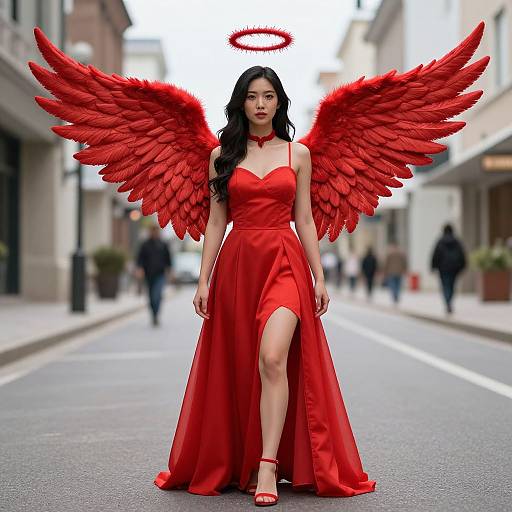 Digital artwork of an Asian woman with red wings, halo, and red dress, striding down a city street, blending angelic and urban elements.