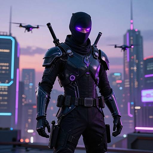 Cyberpunk warrior in black armor with glowing purple eyes stands in futuristic cityscape at dusk, two drones flying in background. Digital art.