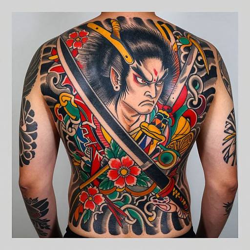 Tattooed man's back: vivid, colorful traditional Japanese-style tattoo of fierce samurai with black hair, red flower, sword, and intricate
