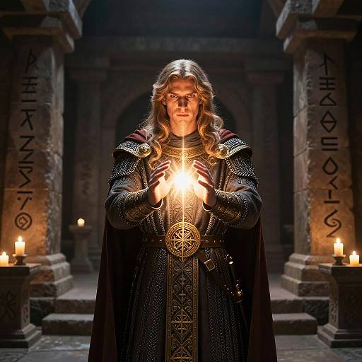 Photograph-like digital art of a long-haired, blonde male wizard in ornate black armor, holding a glowing orb, surrounded by lit candles, in