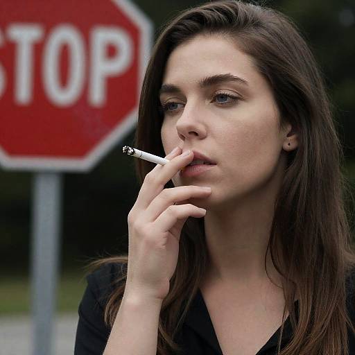 Woman Smoking Near Stop Sign