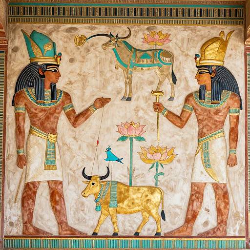 Ancient Egyptian mural depicting two robed, dark-skinned pharaohs with blue and gold headdresses, offering a bull and a goat to a