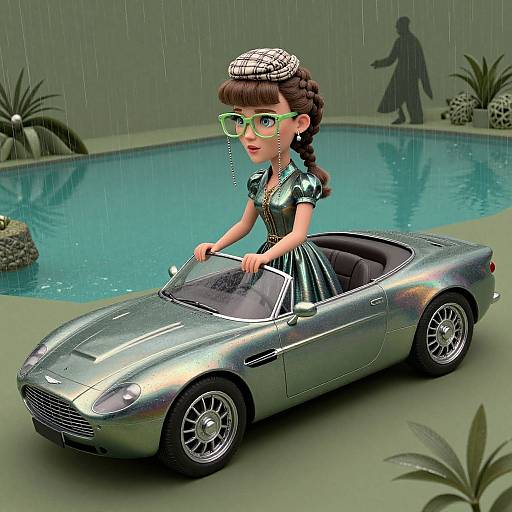 CGI image of a vintage-styled woman with green glasses, braided hair, and plaid headband, driving a shiny silver convertible on a