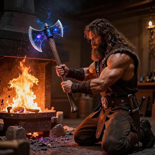 Celestial Warrior Forging Mythical Axe