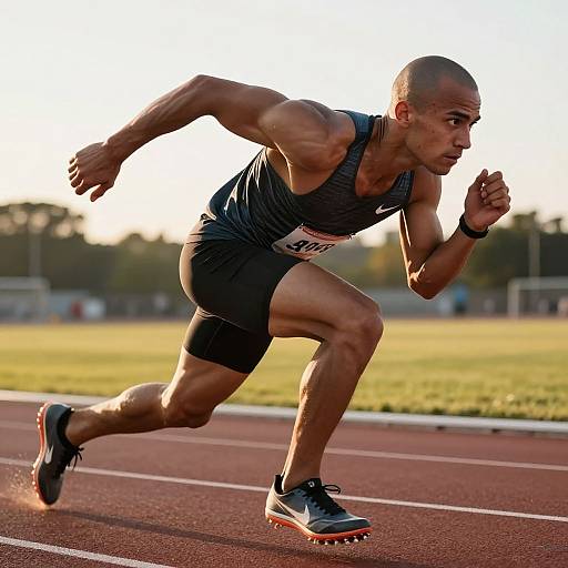 Bald Hispanic Athlete Racing at Sunrise
