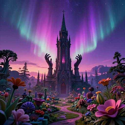Digital fantasy artwork of a Gothic castle with glowing purple and pink auroras, surrounded by vibrant, surreal flowers and dark, silhouetted trees.