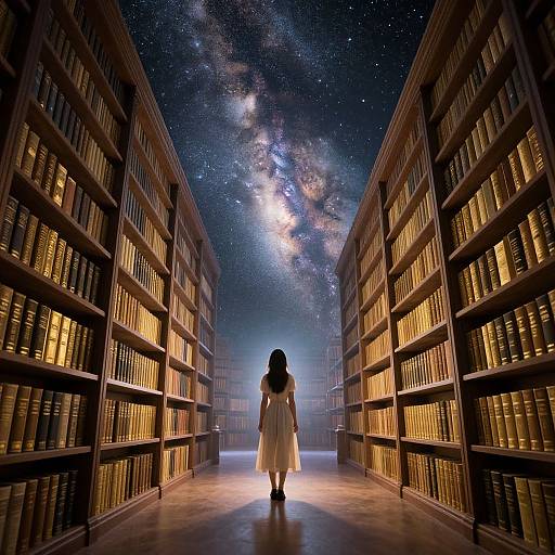 Digital art: A woman in a white dress stands in a library aisle, gazing at a starry Milky Way sky above, surrounded by glowing book