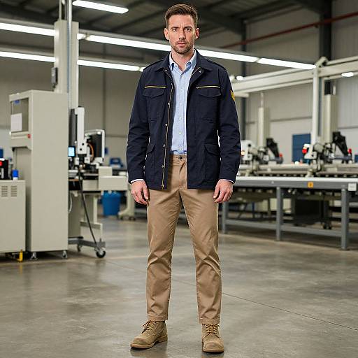 Man in Navy Safari Jacket at Hi-Tech Warehouse