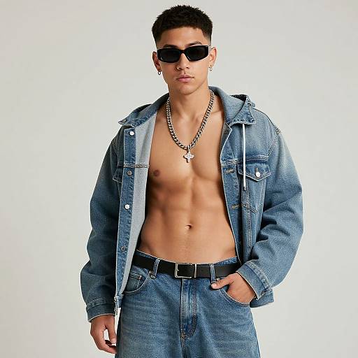 Photograph of a young, fit Asian man with short black hair, black sunglasses, wearing an open blue denim jacket, necklace, and jeans, standing