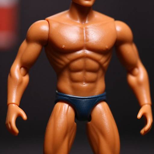 Photograph of a highly detailed, muscular action figure with shiny, tan skin, wearing dark blue textured briefs, against a black background.
