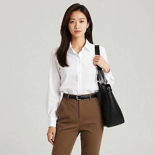 Photograph of an Asian woman with long black hair, wearing a white button-up shirt, brown pants, black belt, and carrying a black handbag