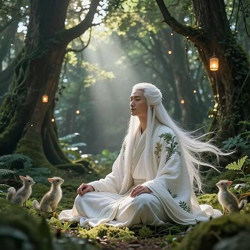 Photograph-style digital art of a serene, white-haired, white-robed figure sitting in a sunlit forest, surrounded by baby rabbits and glowing lantern