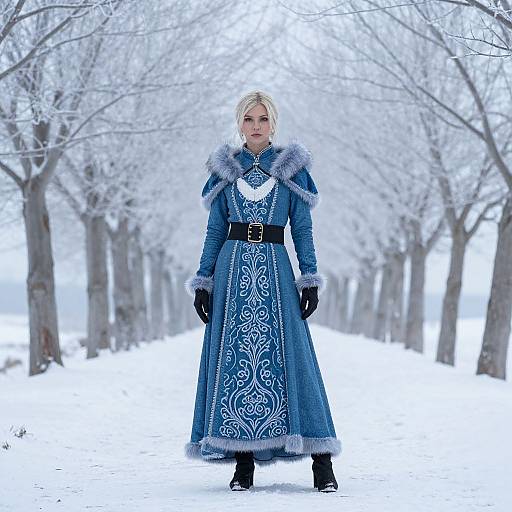 Elegant Winter Cosplay in Snowy Forest