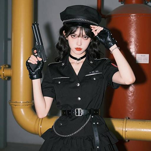 Gothic Young Woman in Military Fashion