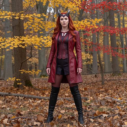 Cosplay Woman in Red Leather Jacket in Autumn Forest