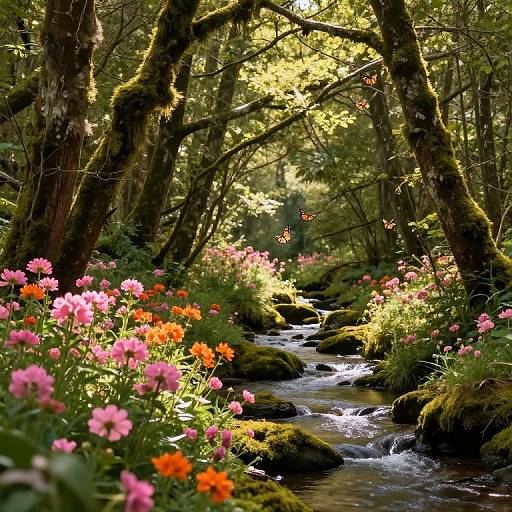 Serene Forest with Sunlit Blossoms