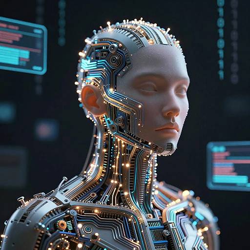 CGI image of a futuristic, glowing humanoid robot with intricate circuitry and illuminated components, set against a dark, tech-filled background.