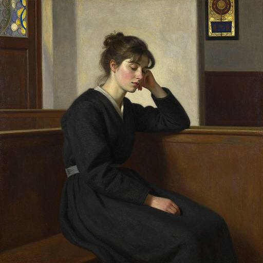 Photorealistic painting of a pensive woman in a black dress, sitting on a wooden bench, head resting on hand, dimly lit interior with