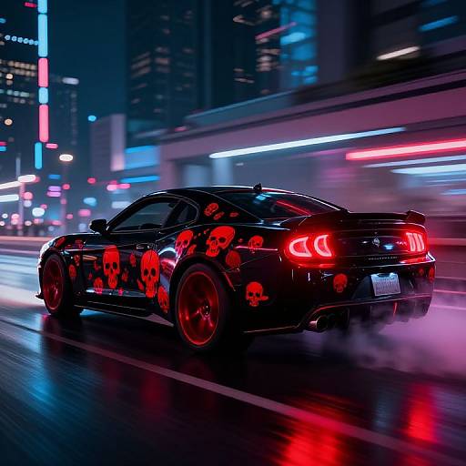 Photograph: Black sports car with red skull decals, illuminated red taillights, speeding through a neon-lit, urban cityscape at night.