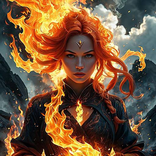 Digital artwork of a fierce, fiery-haired woman with glowing eyes, surrounded by intense flames, wearing a dark, ornate garment. Dark, rocky background