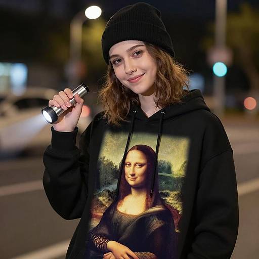 Young Woman with Mona Lisa Hoodie