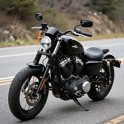 Photograph of a sleek black motorcycle with orange headlights, parked on a roadside with blurred greenery and yellow lines in the background.