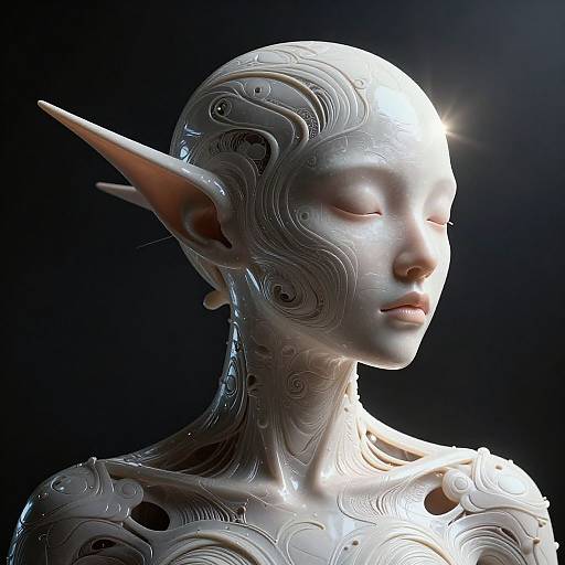 Photorealistic CGI of a silver, alien-like humanoid with elongated ears, smooth, swirling textures, and closed eyes, illuminated against a dark background