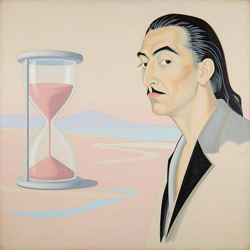 Digital illustration of a stern-faced Asian man with long black hair, wearing a white suit, gazing at a pink hourglass.