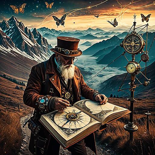 Steampunk Nomadic Cartographer in Surreal Mountains