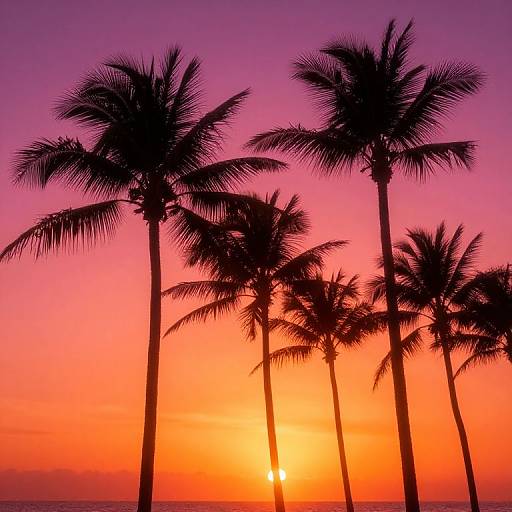 Silhouetted palm trees against a vibrant orange and purple sunset, with the sun partially visible at the horizon. Photograph.