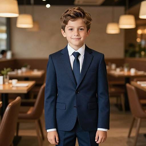 Photograph of a young boy with light brown hair, wearing a dark blue suit, white shirt, and black tie, standing in a warmly lit,