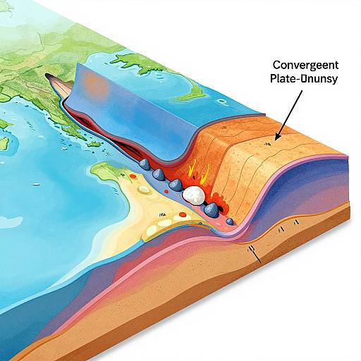 Color-coded cross-sectional map illustrating convergent plate boundary with Earth's continents, ocean, magma chamber, and labeled convergent plate juncture.