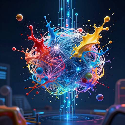 Digital art of a vibrant, sphere-like explosion with colorful splashes (red, blue, yellow) and neon lines against a dark, futuristic background.