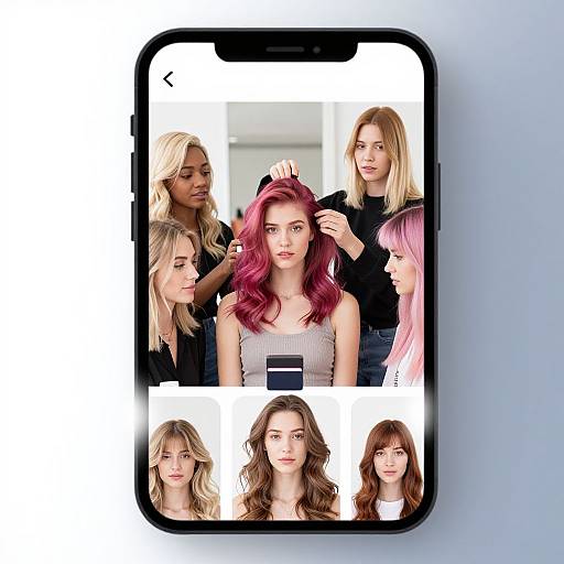 Photograph of a smartphone screen displaying six diverse women with varying hairstyles and colors, against a white background.