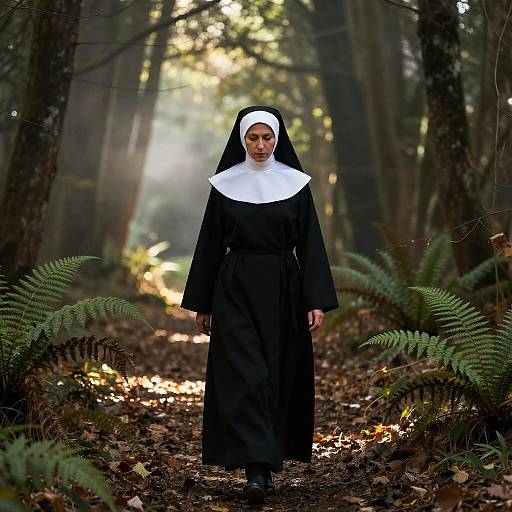 Photograph of a nun with a white headscarf and black habit standing in a sunlit, forested path with ferns and fallen leaves.