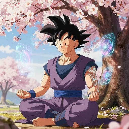DBZ Character Meditating Under Digital Tree