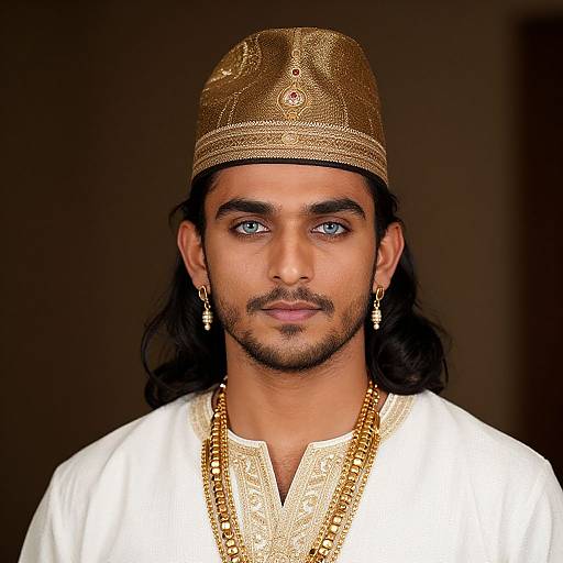 Photograph of a young man with long black hair, blue eyes, and a trimmed beard, wearing a gold ornate cap, white embroidered shirt,