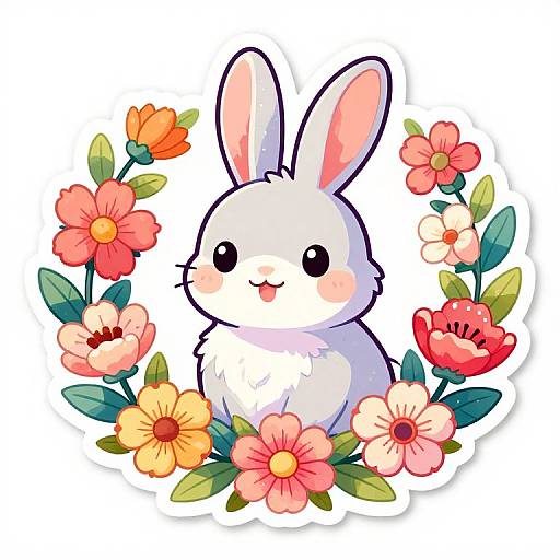 Cute digital illustration of a white bunny with pink-tipped ears, surrounded by colorful flowers (orange, pink, red, yellow) and green leaves