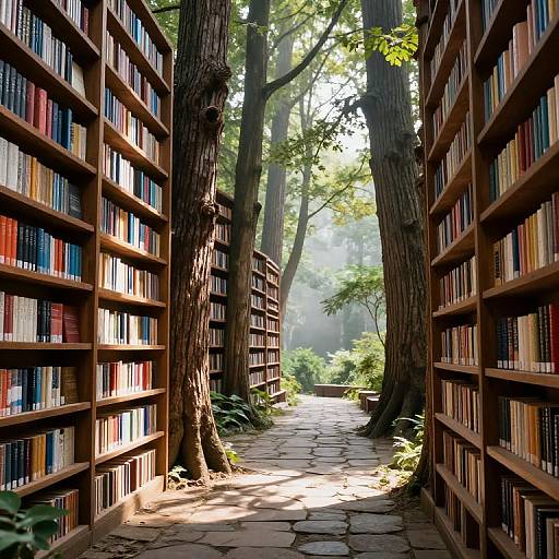 Photograph of a sunlit, serene library aisle with wooden bookshelves on both sides, tall trees, and a stone path leading to a mist