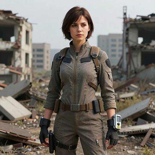 Photorealistic CGI of a determined, short-haired woman in a gray tactical jumpsuit and gloves, standing amid ruins with buildings in the background. She