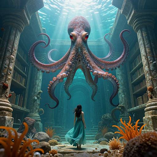 Photorealistic digital art: A woman in a flowing blue dress faces a massive, detailed octopus in an ancient, underwater library with sunbeams